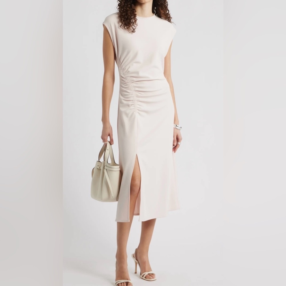 NORDSTROM Side Ruched Knit Midi Dress Cream Medium Classic